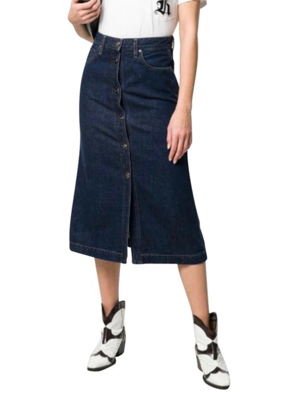 GOLDSIGN Easton Buttoned Front A-Line Denim Midi Skirt